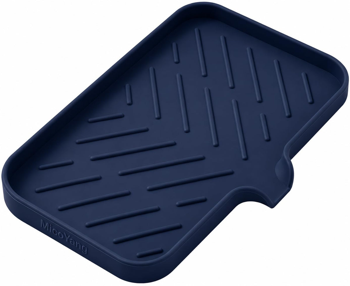 MicoYang Silicone Soap Dish with Drain Spout, Self-Draining Sink Organizer Tray for Bathroom and Kitchen, Sponges, Dispensers and Soap Holder, Non-Slip and Dishwasher Safe, Grey (Compact, 4.9"×3.2")