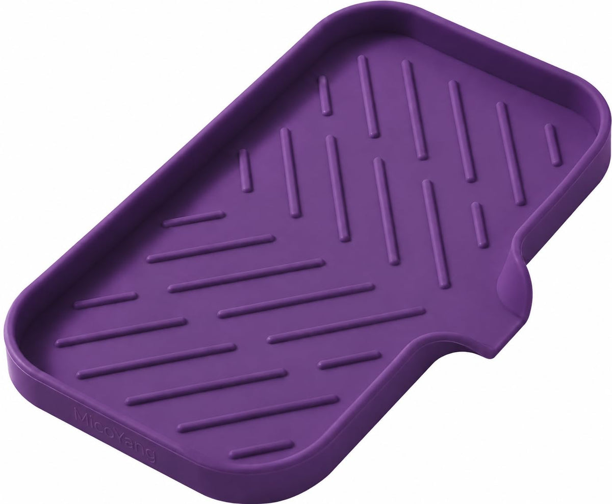 MicoYang Silicone Soap Dish with Drain Spout, Self-Draining Sink Organizer Tray for Bathroom and Kitchen, Sponges, Dispensers and Soap Holder, Non-Slip and Dishwasher Safe, Grey (Compact, 4.9"×3.2")