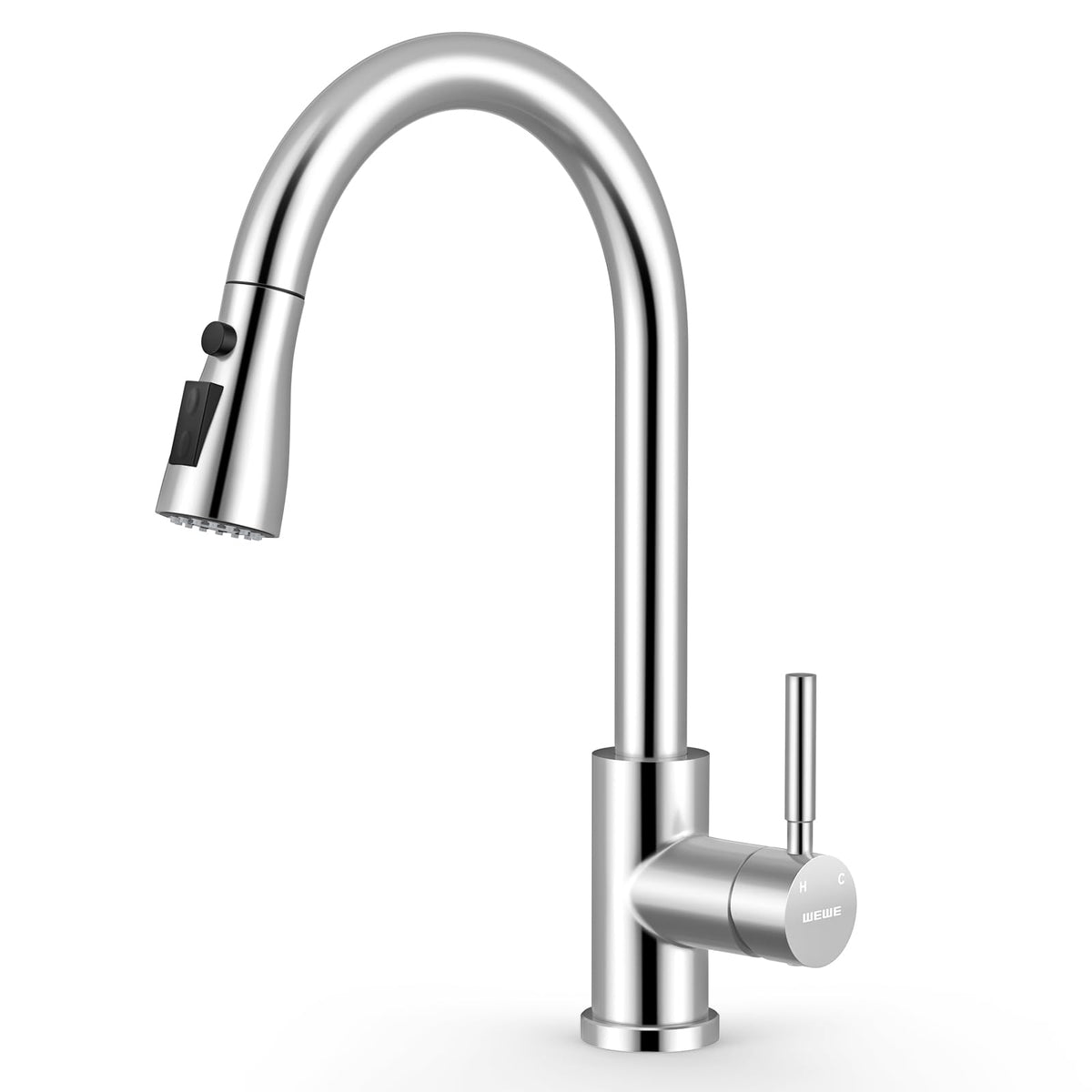 WEWE Pull-Down Kitchen Faucet, 3-Mode Sprayer, Brushed Nickel, High Arc