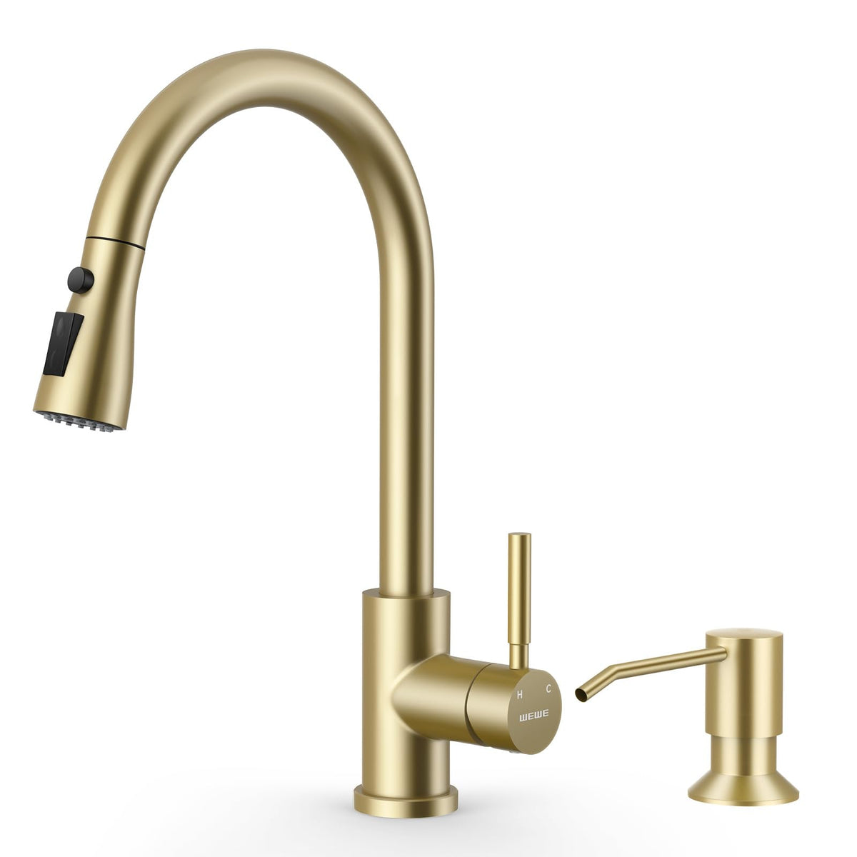 WEWE Pull-Down Kitchen Faucet, 3-Mode Sprayer, Brushed Nickel, High Arc