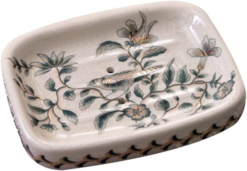 Kelake Ceramic Soap Dish, Ice Crack Ceramic Bird and Flower Pattern Soap Dish Holder for Bathroom, Creative Porcelain Shower Soap Tray Box Bath Accessories with Two Drain Holes