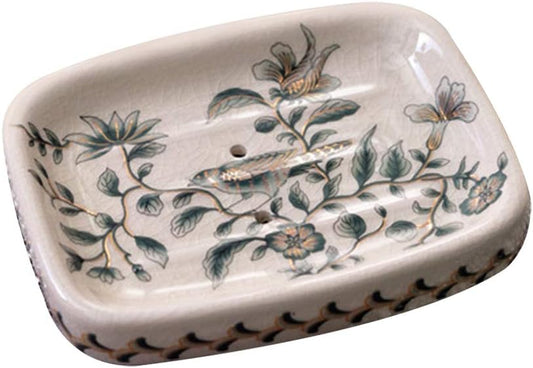 Kelake Ceramic Soap Dish, Ice Crack Ceramic Bird and Flower Pattern Soap Dish Holder for Bathroom, Creative Porcelain Shower Soap Tray Box Bath Accessories with Two Drain Holes