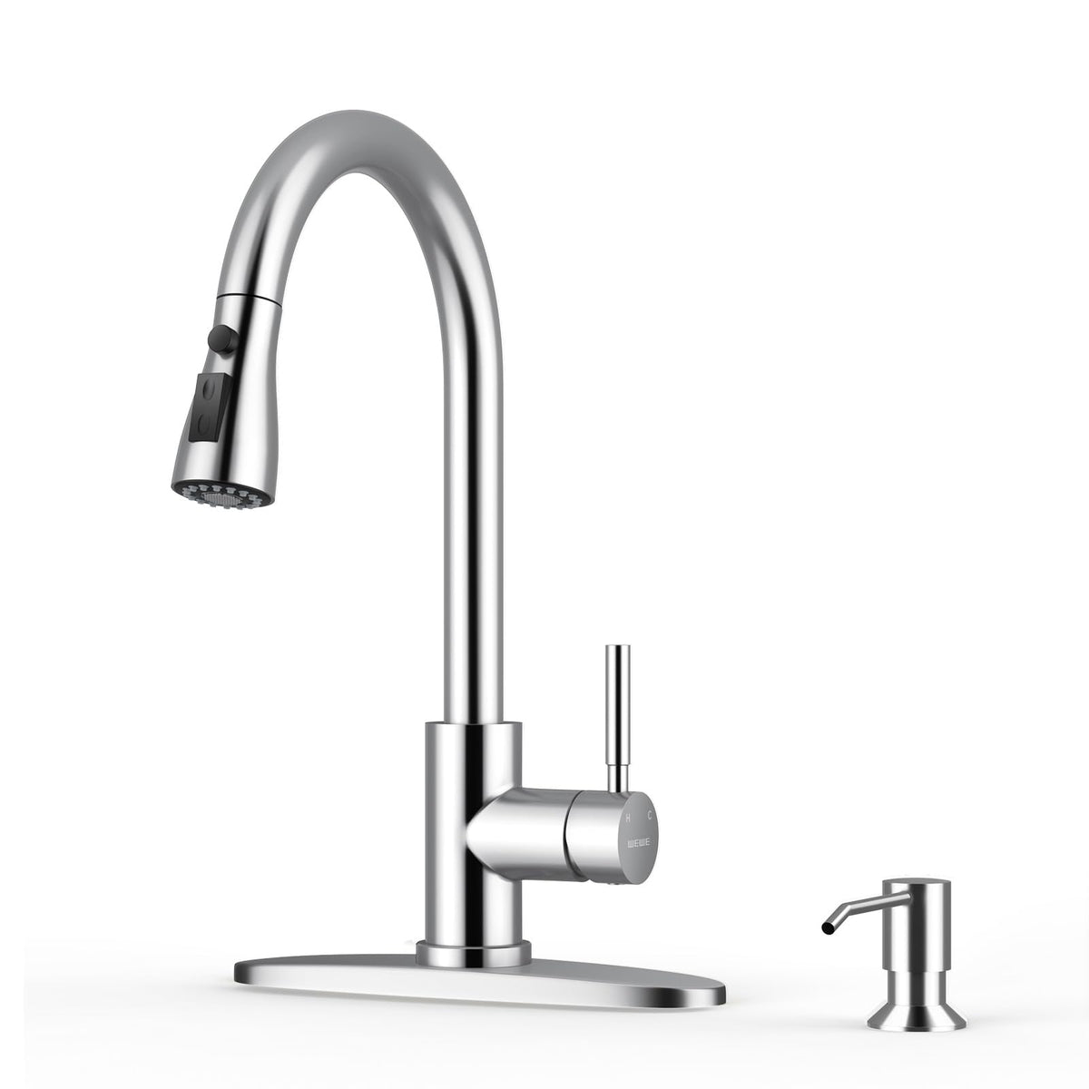 WEWE Pull-Down Kitchen Faucet, 3-Mode Sprayer, Brushed Nickel, High Arc
