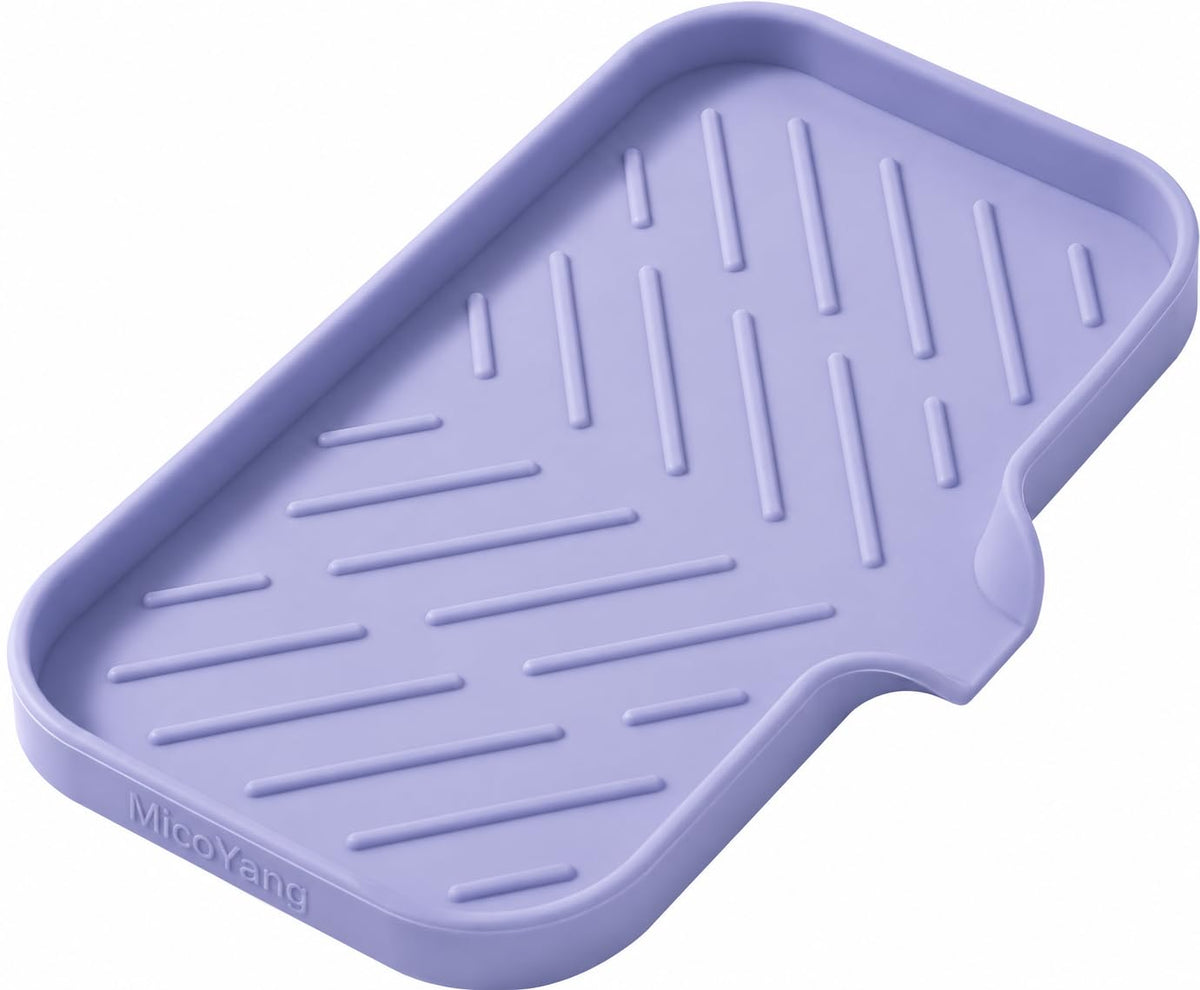 MicoYang Silicone Soap Dish with Drain Spout, Self-Draining Sink Organizer Tray for Bathroom and Kitchen, Sponges, Dispensers and Soap Holder, Non-Slip and Dishwasher Safe, Grey (Compact, 4.9"×3.2")