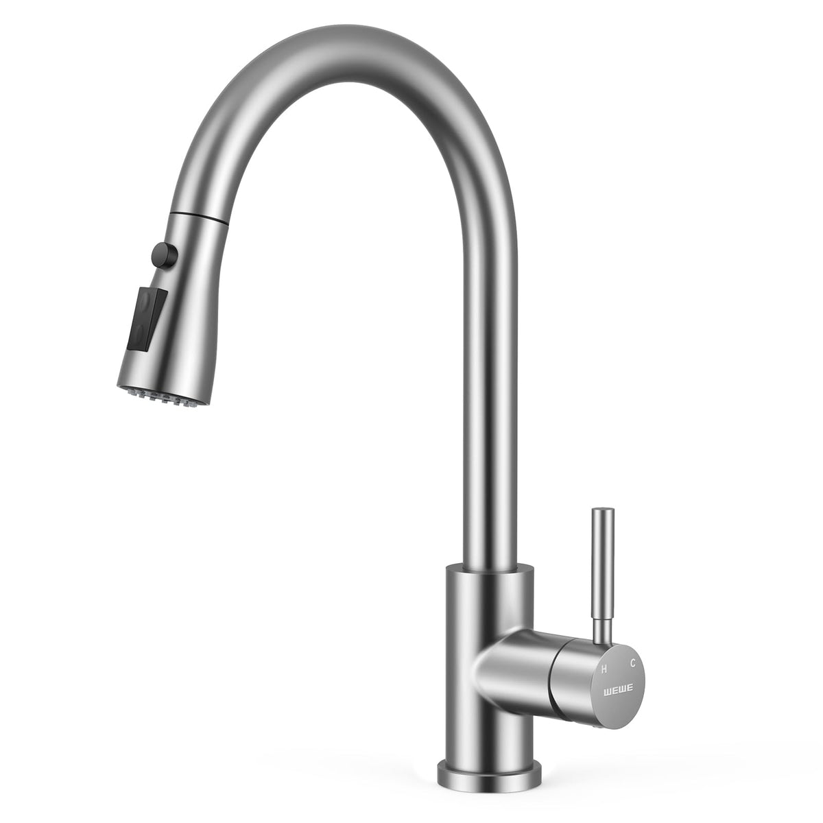 WEWE Pull-Down Kitchen Faucet, 3-Mode Sprayer, Brushed Nickel, High Arc