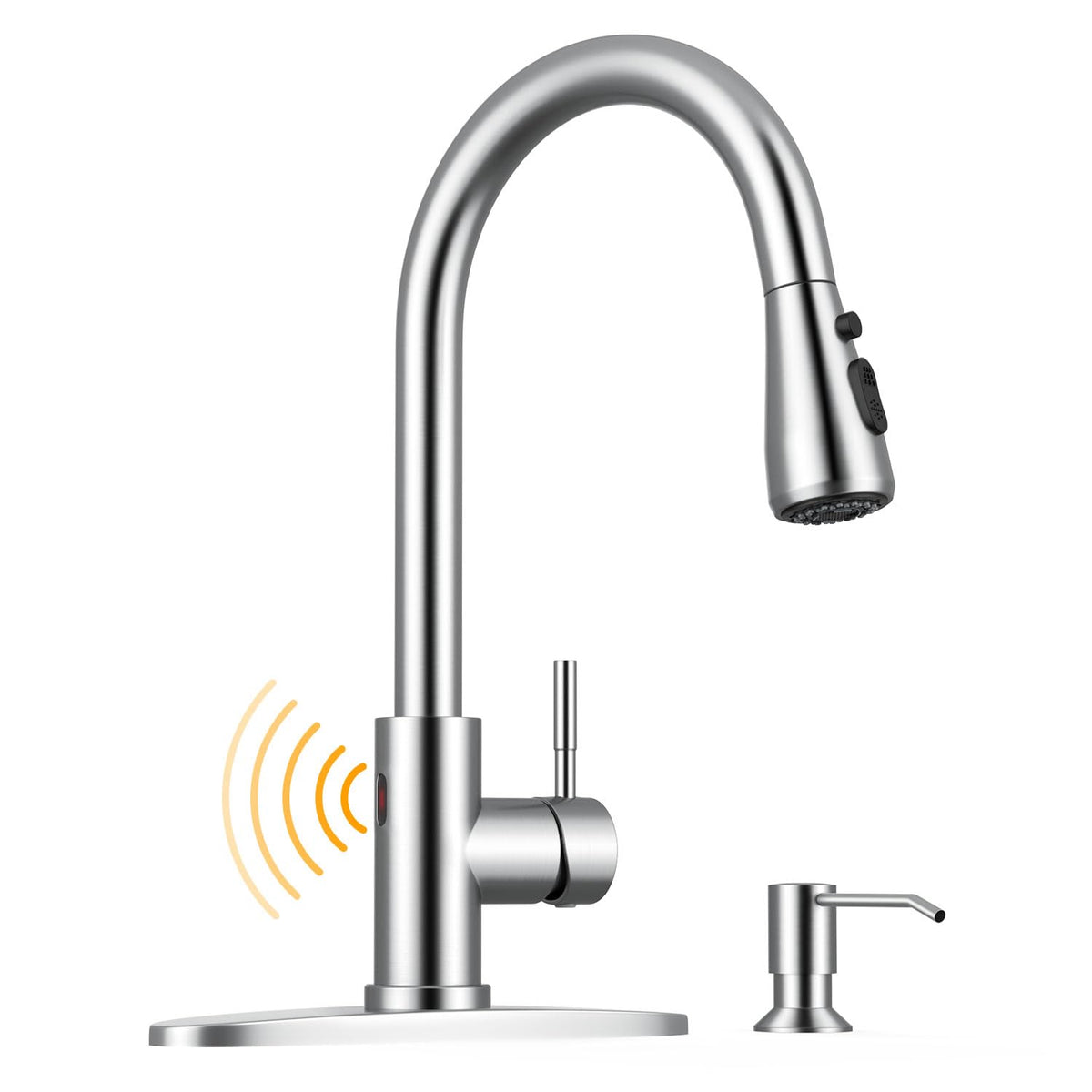 WEWE Pull-Down Kitchen Faucet, 3-Mode Sprayer, Brushed Nickel, High Arc