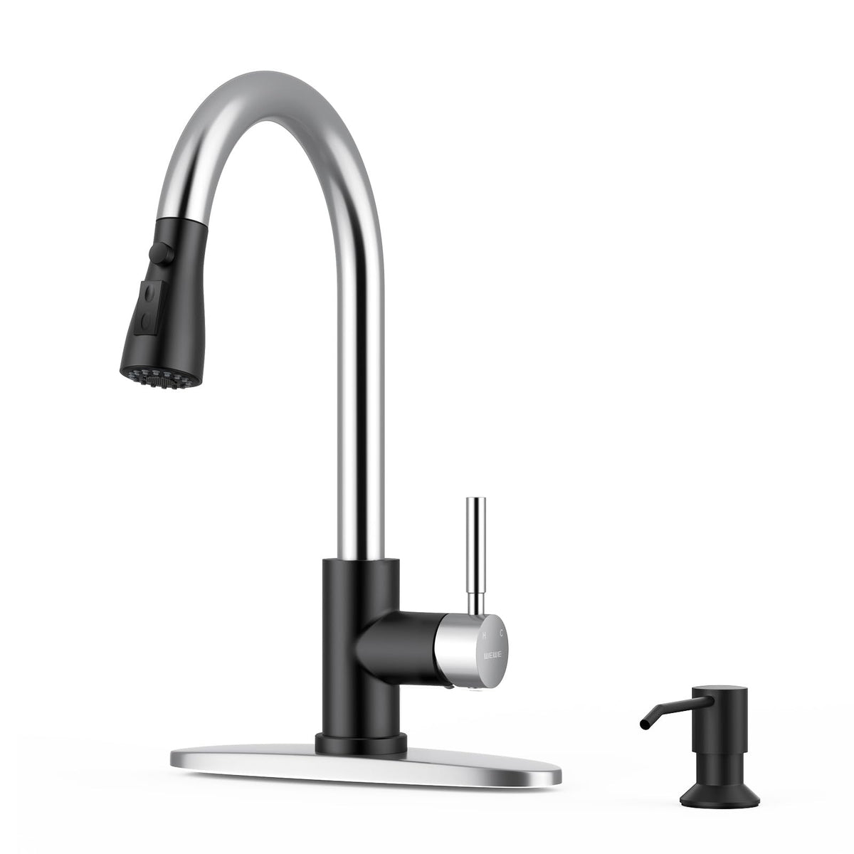 WEWE Pull-Down Kitchen Faucet, 3-Mode Sprayer, Brushed Nickel, High Arc