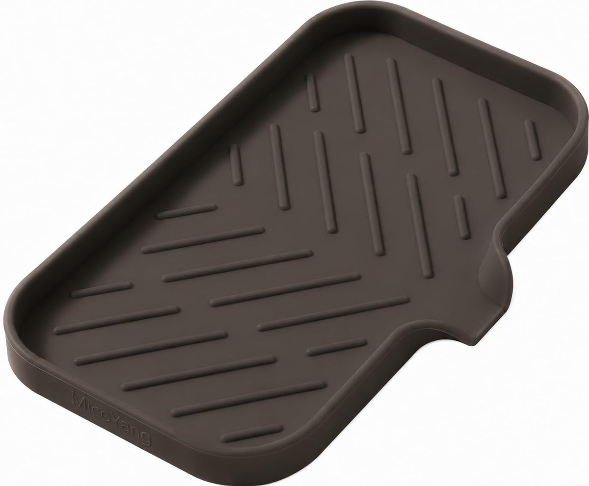 MicoYang Silicone Soap Dish with Drain Spout, Self-Draining Sink Organizer Tray for Bathroom and Kitchen, Sponges, Dispensers and Soap Holder, Non-Slip and Dishwasher Safe, Grey (Compact, 4.9"×3.2")