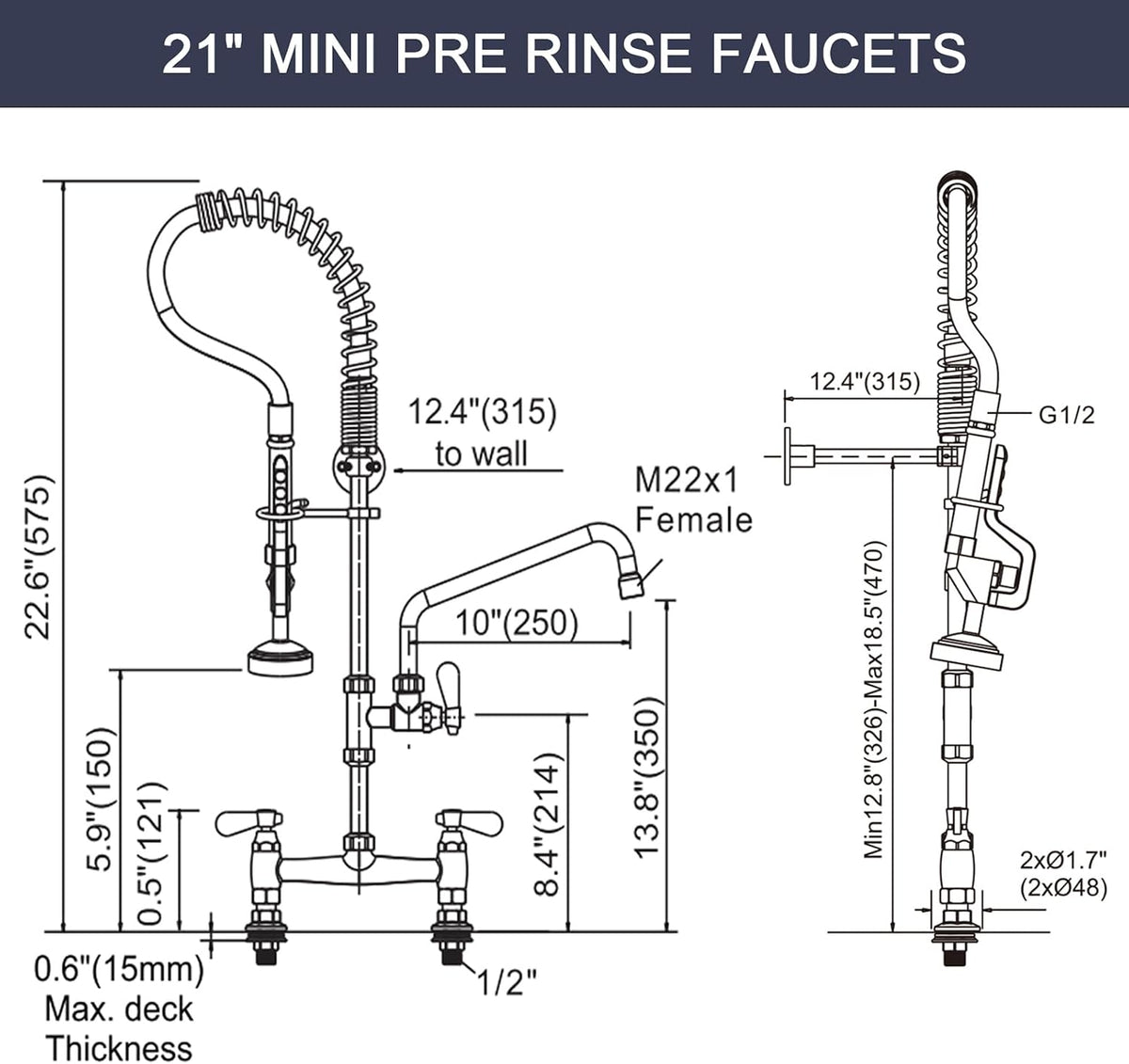 Commercial Kitchen Faucet Deck Mount with Pre-Rinse Sprayer 21" Height Kitchen Sink Faucet 8 Inch Center with 10" Add-on Swing Spout Faucet & Coiled Spring Pull Down Spray