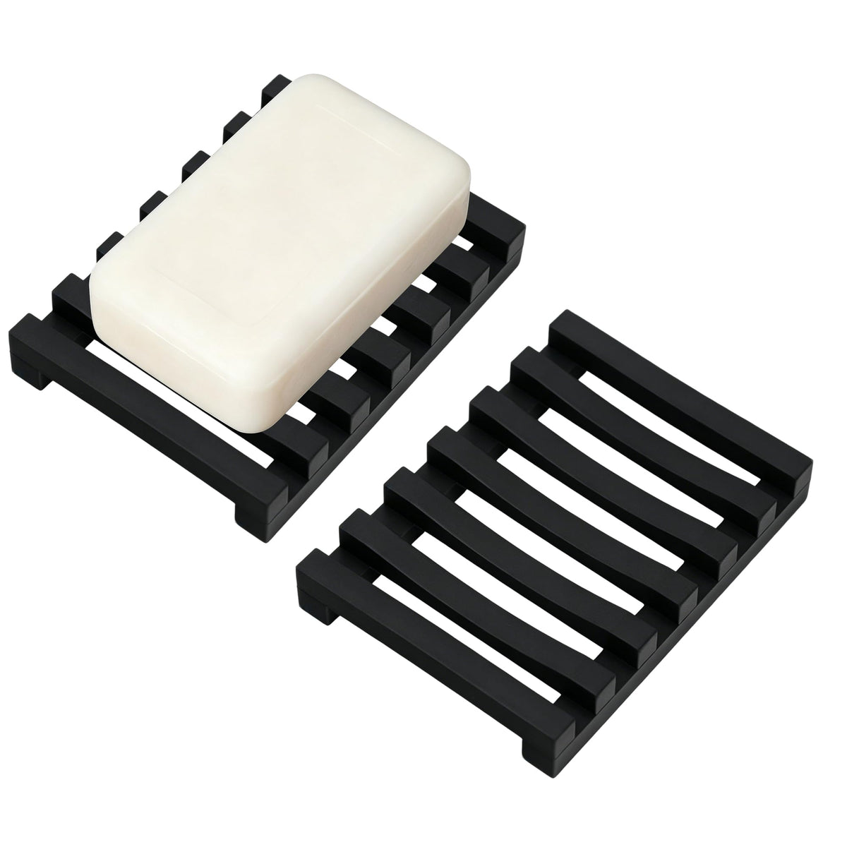 Slotted Silicone Soap Dish 2 Pcs, Self Draining Soap Holder with Raised Bar Design, Non Slip Soap Saver Tray, Quick Dry Soap Dish for Bathroom Kitchen Sink Shower, Black & White