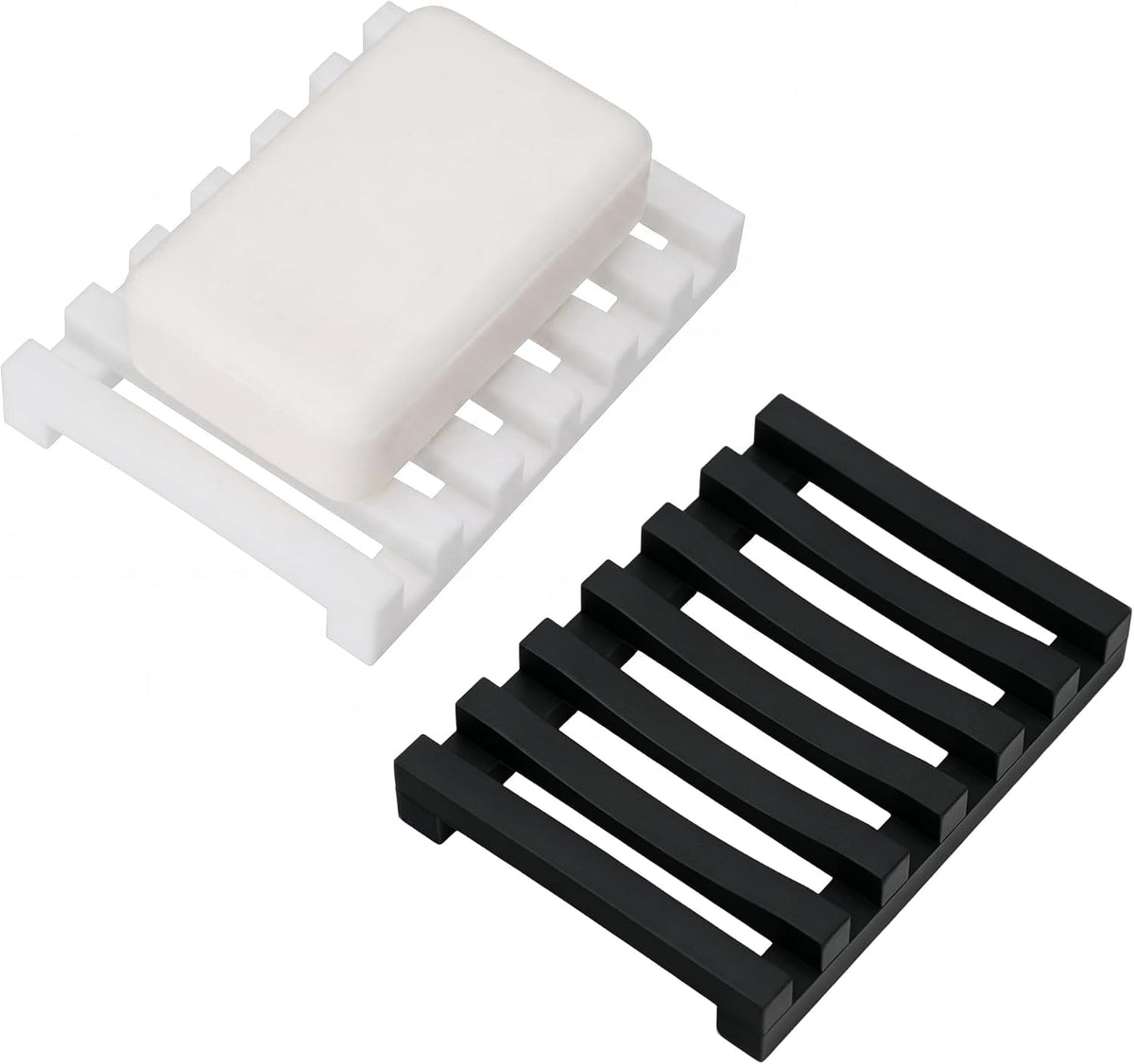 Slotted Silicone Soap Dish 2 Pcs, Self Draining Soap Holder with Raised Bar Design, Non Slip Soap Saver Tray, Quick Dry Soap Dish for Bathroom Kitchen Sink Shower, Black & White