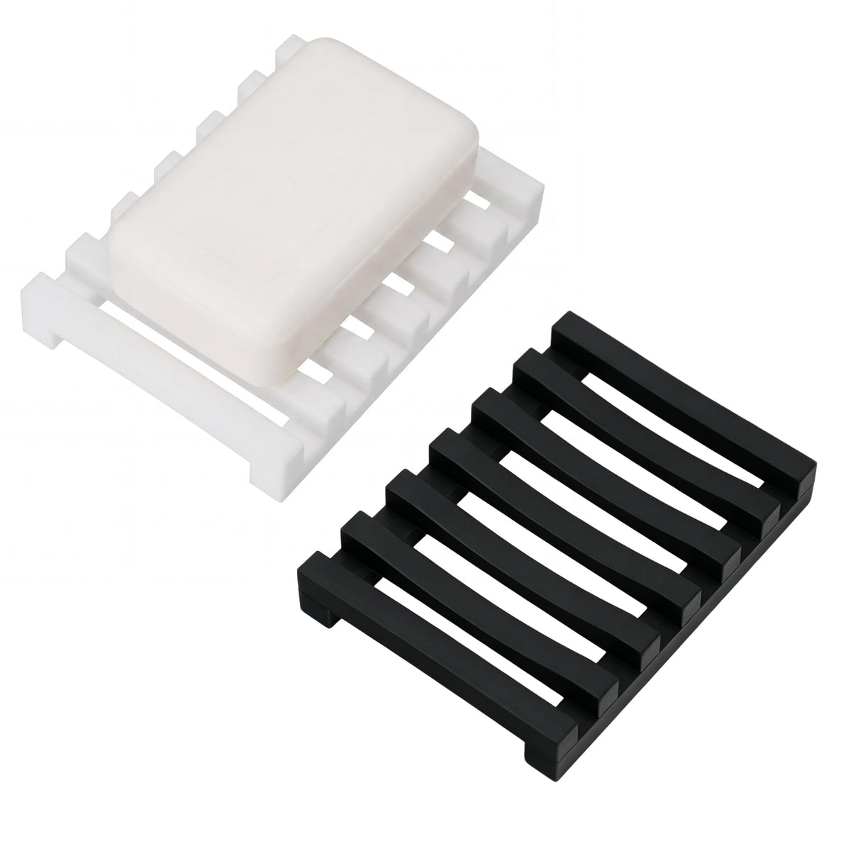 Slotted Silicone Soap Dish 2 Pcs, Self Draining Soap Holder with Raised Bar Design, Non Slip Soap Saver Tray, Quick Dry Soap Dish for Bathroom Kitchen Sink Shower, Black & White