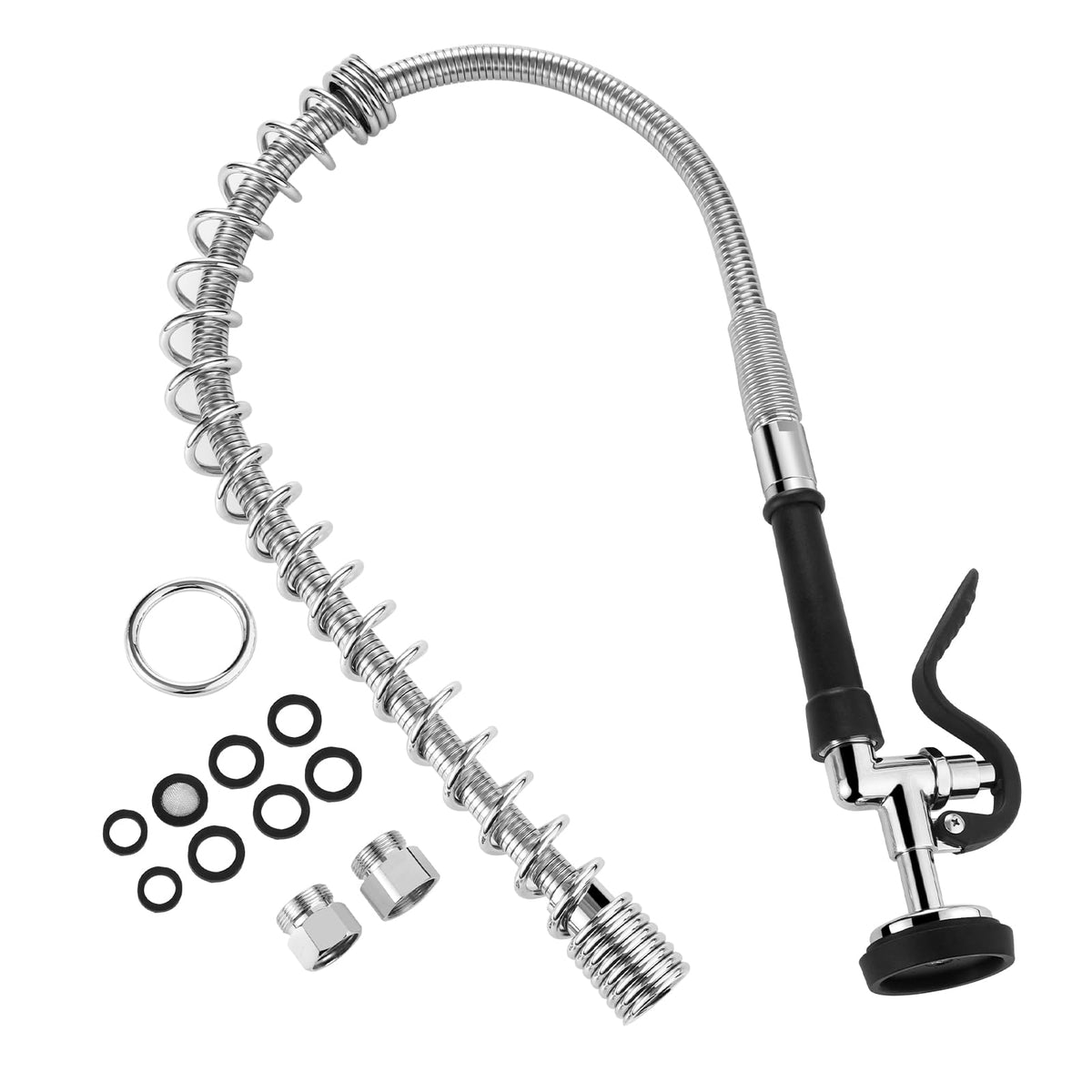 HWM Commercial Sink Sprayer Valve with 38” Flexible Stainless Steel Pre Rinse Hose & Overhead Spring Replacement Kit for Commercial Kitchen Sink Faucets