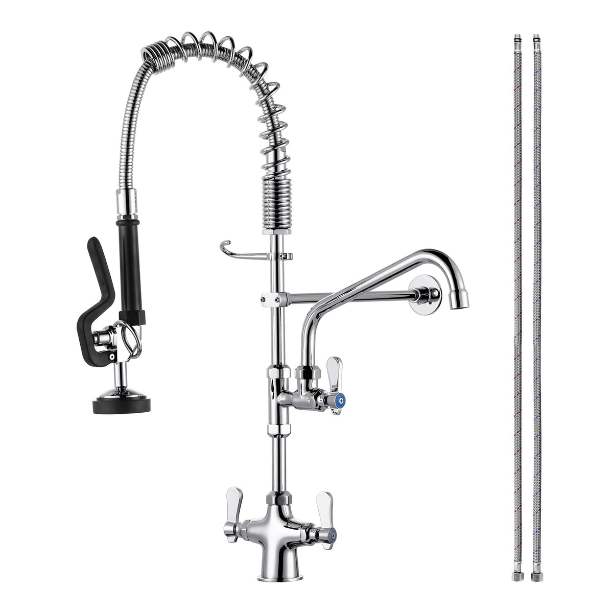 Commercial Kitchen Faucet Deck Mount with Pre-Rinse Sprayer 21" Height Kitchen Sink Faucet 8 Inch Center with 10" Add-on Swing Spout Faucet & Coiled Spring Pull Down Spray