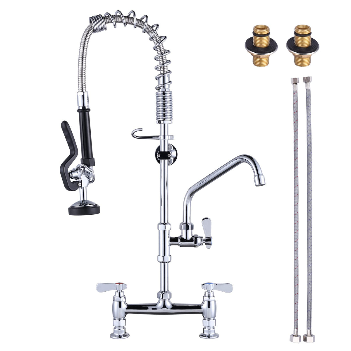 Commercial Kitchen Faucet Deck Mount with Pre-Rinse Sprayer 21" Height Kitchen Sink Faucet 8 Inch Center with 10" Add-on Swing Spout Faucet & Coiled Spring Pull Down Spray