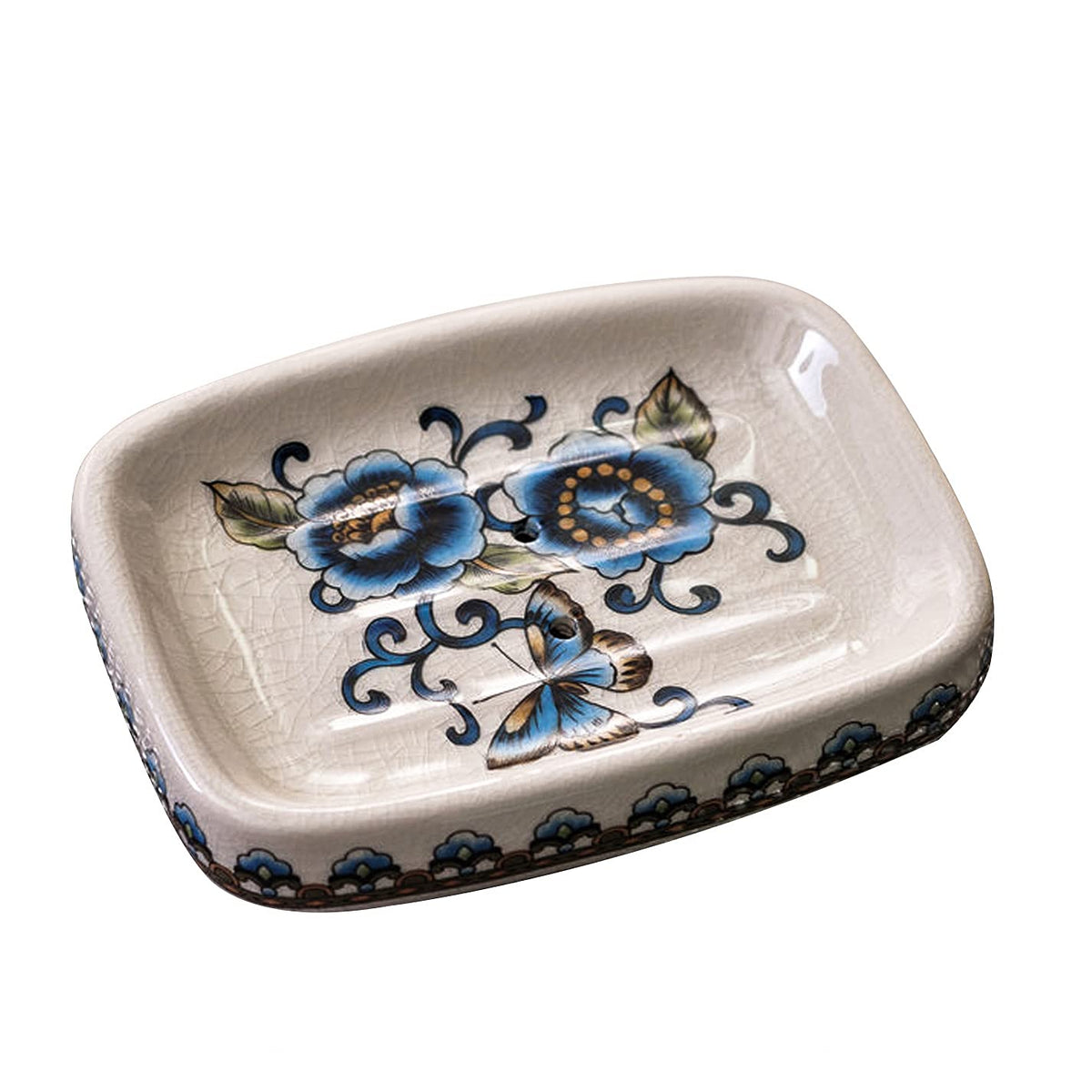 Kelake Ceramic Soap Dish, Ice Crack Ceramic Bird and Flower Pattern Soap Dish Holder for Bathroom, Creative Porcelain Shower Soap Tray Box Bath Accessories with Two Drain Holes