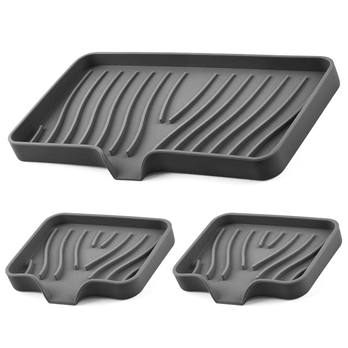 Silicone Soap Dish with Drain Spouts, Bar Soap Holder, Self-Draining Sink Organizer Kitchen Sponge Tray, Non-Slip Dispensers for Bathroom, Kitchen (Grey, 2 Short)