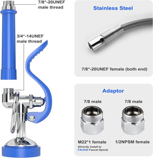 Pre Rinse Sprayer Commercial with 45” Stainless Steel Hose, 1.42 GPM Commercial Sink Sprayer, High-Pressure Dish Spray for Restaurant Use, Sink Spray Nozzle with Adapters (Blue)