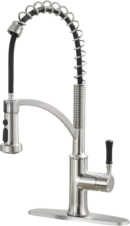 Kitchen Faucet with Pull Down Sprayer, Single Handle Brushed Nickel High Arc Commercial Farmhouse Kitchen Sink Faucet with Deck Plate