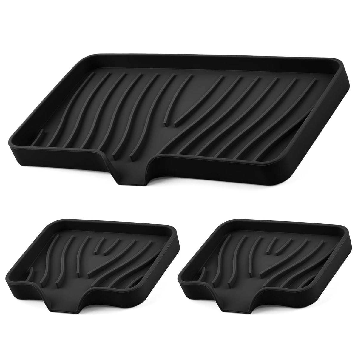 Silicone Soap Dish with Drain Spouts, Bar Soap Holder, Self-Draining Sink Organizer Kitchen Sponge Tray, Non-Slip Dispensers for Bathroom, Kitchen (Grey, 2 Short)