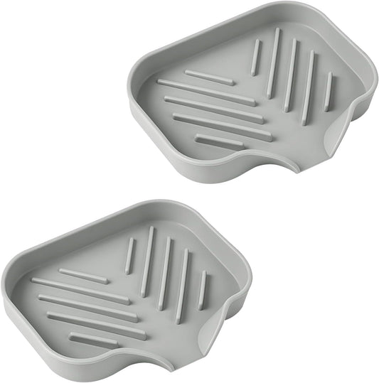 2 Pack Silicone Soap Dishes with Drain, Waterfall Drying Trays, Self-Draining Soap Bar Holders for Shower, Bathroom and Kitchen Sink, Gray