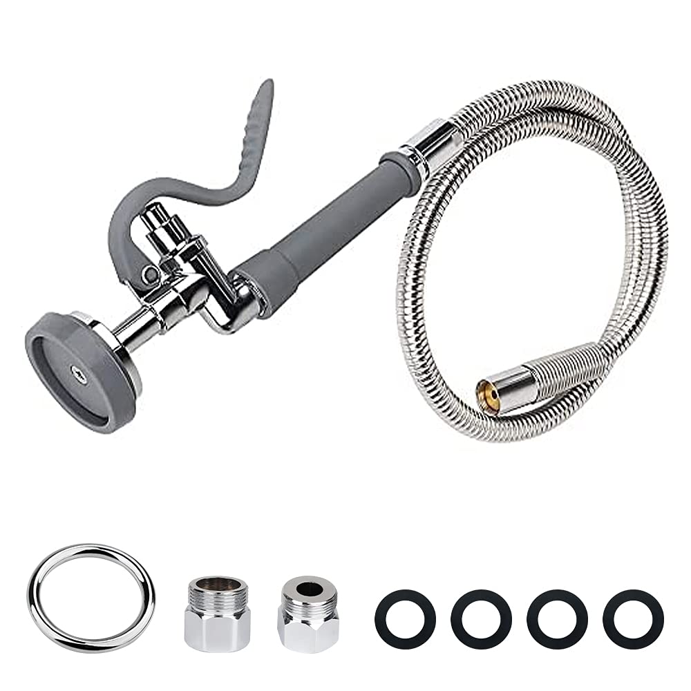 COOLWEST Commercial Pre-Rinse Hose with Sprayer 38 Inch Flexible Stainless Hose with Spray Valve Replacement Kit for Wall Mount Commercial Kitchen Sink Faucet(Grey)