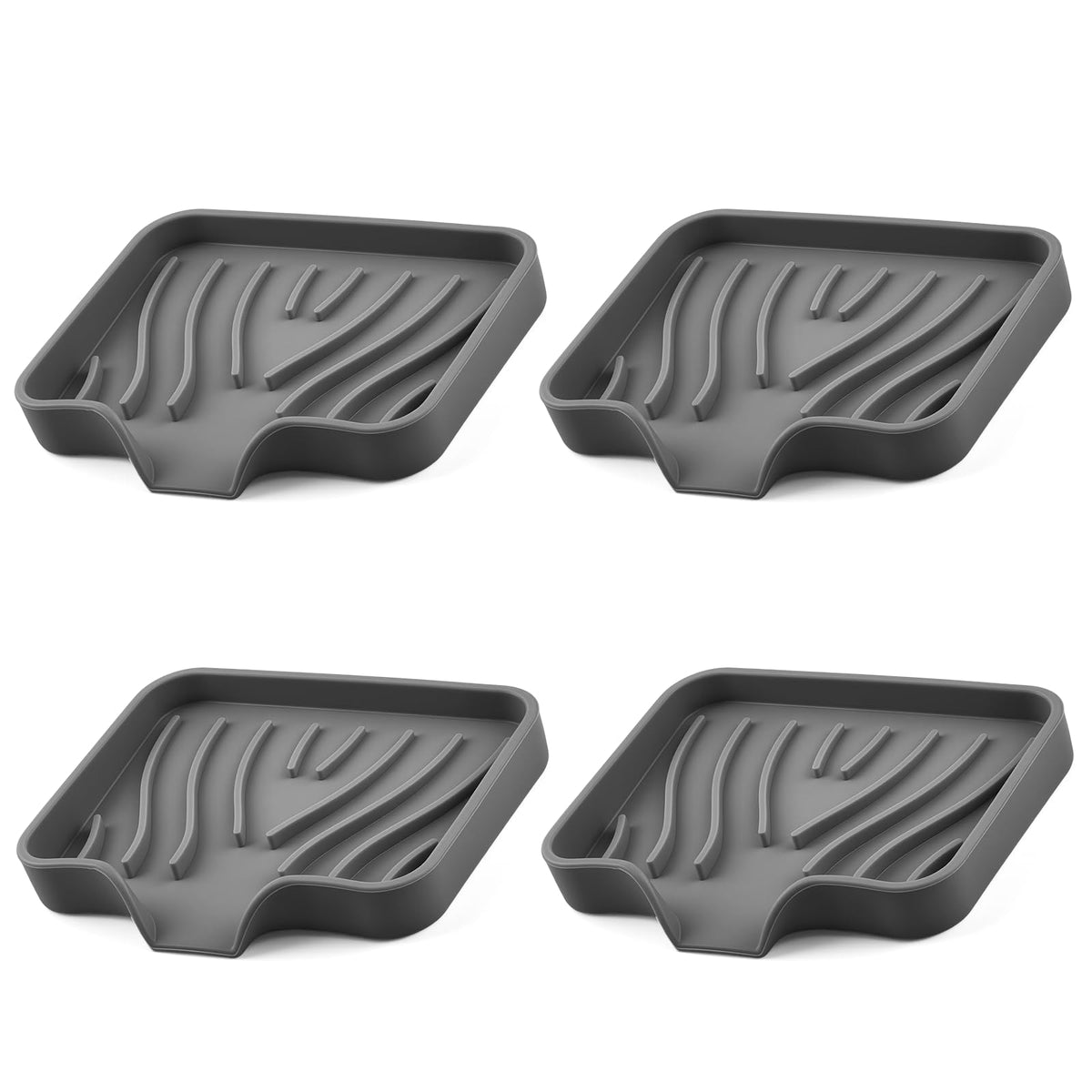 Silicone Soap Dish with Drain Spouts, Bar Soap Holder, Self-Draining Sink Organizer Kitchen Sponge Tray, Non-Slip Dispensers for Bathroom, Kitchen (Grey, 2 Short)