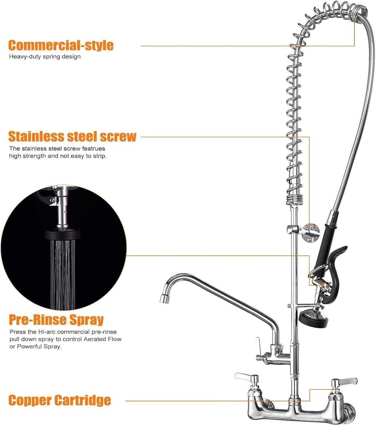 Commercial Sink Faucet with Sprayer for Kitchen: MSTJRY 47" Height Wall Mount Commercial Faucet with Sprayer Fit for 3 Compartment Sink - Polished Chrome 8" Center 12" Swing Spout Pre Rinse Assembly