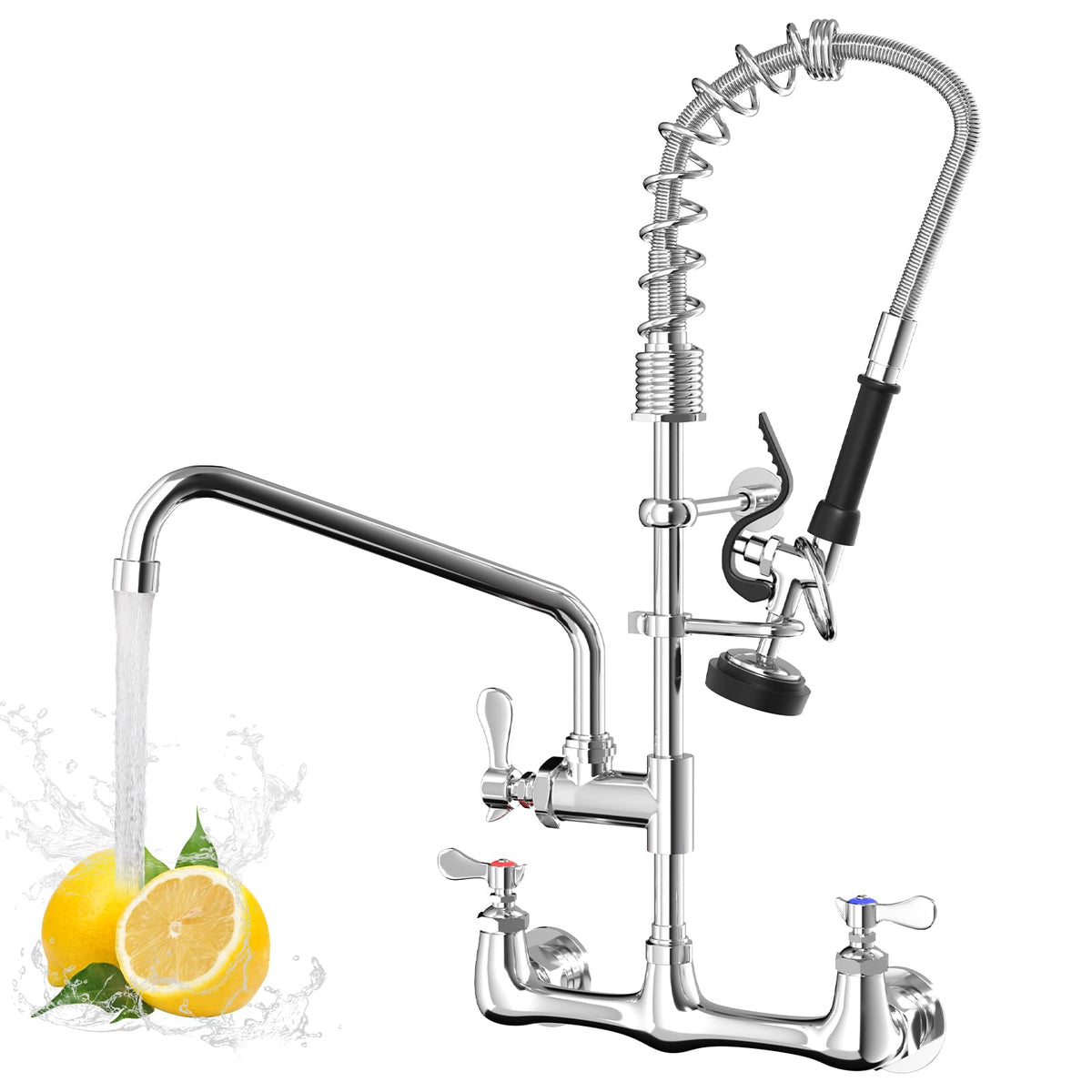 Commercial Wall Mount Kitchen Faucet with Pull Down Pre-Rinse Sprayer, Adjustable Swing Spout, Heavy-Duty Utility Sink Tap for Restaurant, Bar, 3 Compartment Sinks