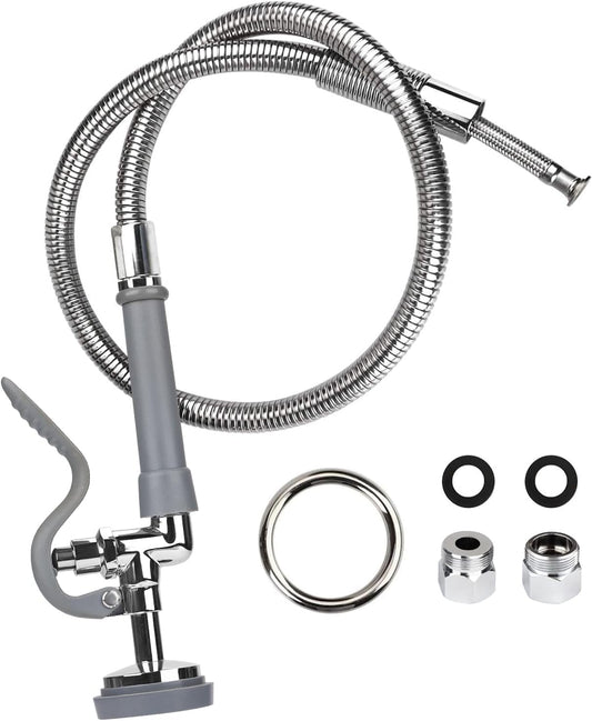 COOLWEST Commercial Pre-Rinse Hose with Sprayer 38 Inch Flexible Stainless Hose with Spray Valve Replacement Kit for Wall Mount Commercial Kitchen Sink Faucet(Grey)