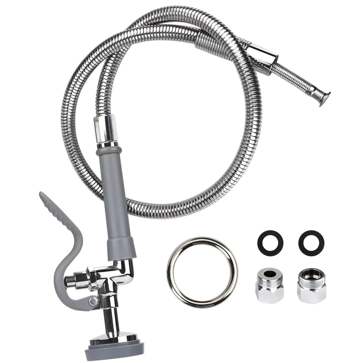 COOLWEST Commercial Pre-Rinse Hose with Sprayer 38 Inch Flexible Stainless Hose with Spray Valve Replacement Kit for Wall Mount Commercial Kitchen Sink Faucet(Grey)