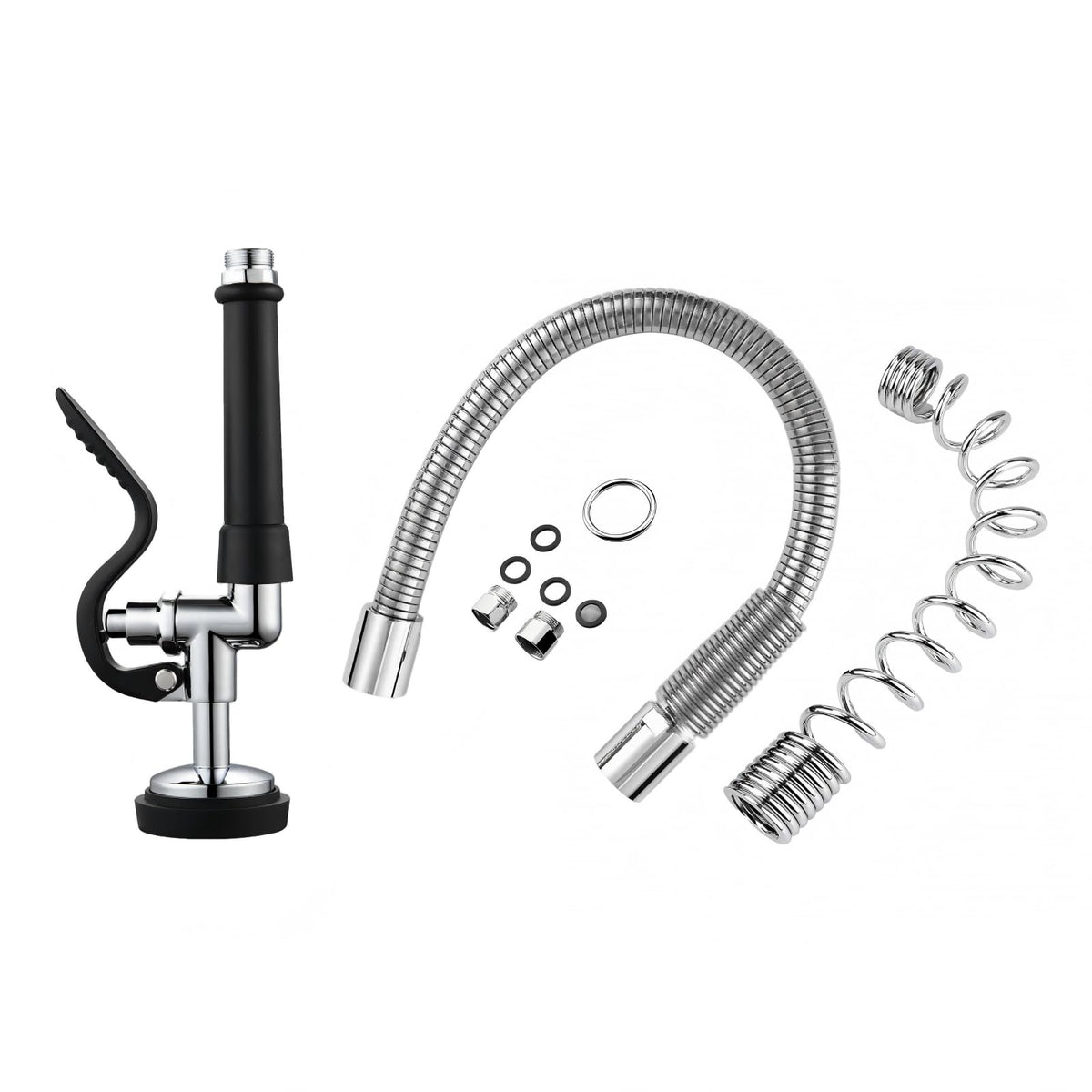 HWM Commercial Sink Sprayer Valve with 38” Flexible Stainless Steel Pre Rinse Hose & Overhead Spring Replacement Kit for Commercial Kitchen Sink Faucets