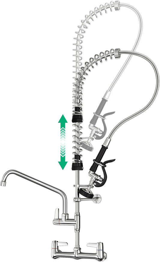 Commercial Sink Faucet with Pre-Rinse Sprayer -Height Adjustable (33-43 inch) Wall Mount Industrial Kitchen Faucet 8 inch Center with Pre-Rinse Sprayer and 12 Inch Swivel Spout
