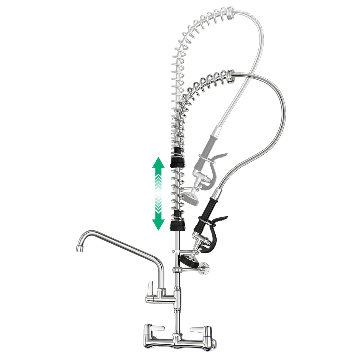 Commercial Sink Faucet with Pre-Rinse Sprayer -Height Adjustable (33-43 inch) Wall Mount Industrial Kitchen Faucet 8 inch Center with Pre-Rinse Sprayer and 12 Inch Swivel Spout