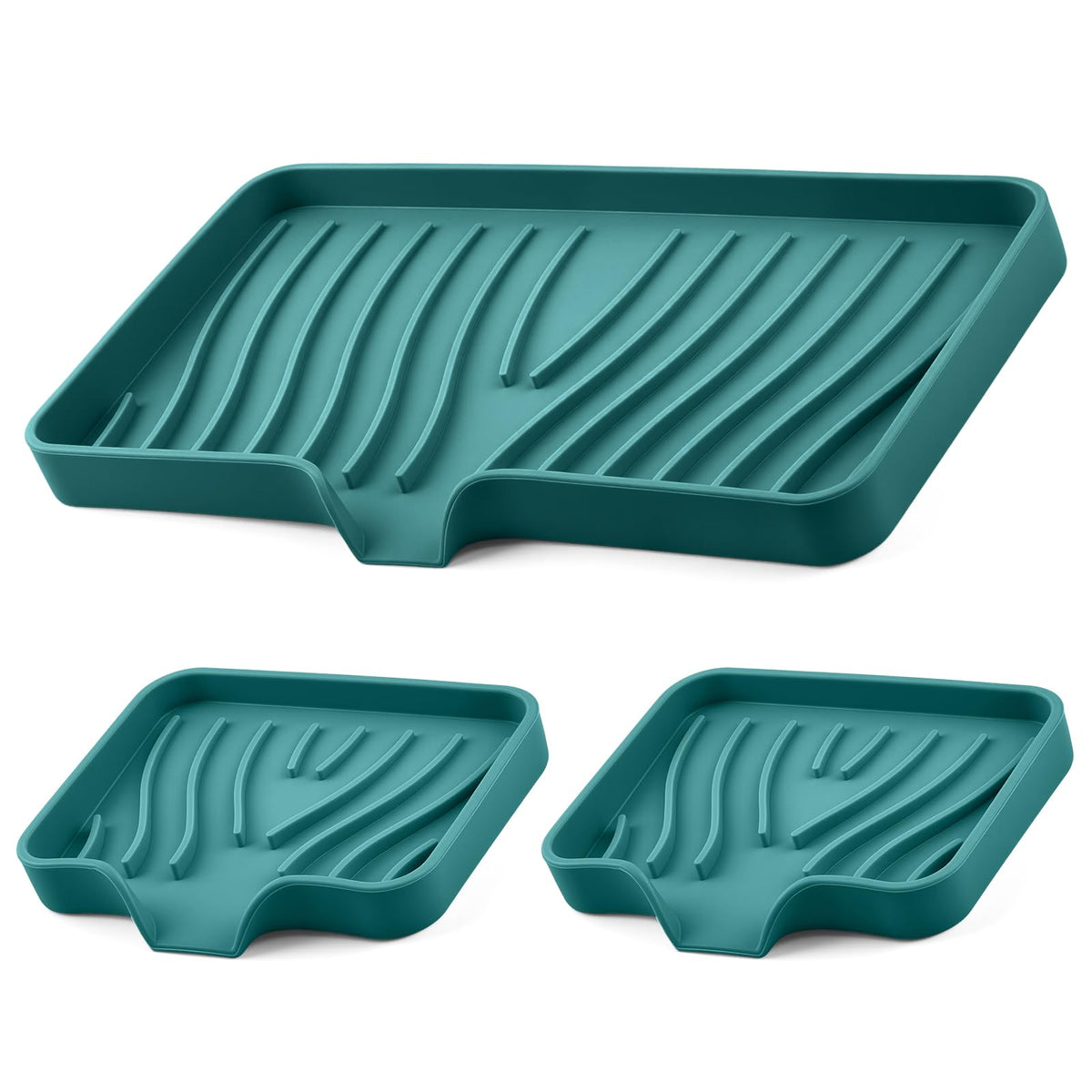 Silicone Soap Dish with Drain Spouts, Bar Soap Holder, Self-Draining Sink Organizer Kitchen Sponge Tray, Non-Slip Dispensers for Bathroom, Kitchen (Grey, 2 Short)