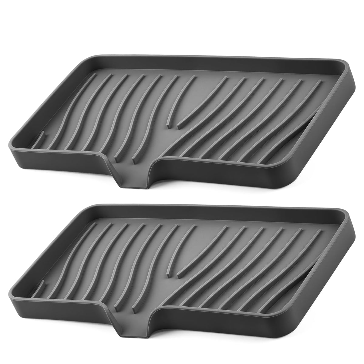 Silicone Soap Dish with Drain Spouts, Bar Soap Holder, Self-Draining Sink Organizer Kitchen Sponge Tray, Non-Slip Dispensers for Bathroom, Kitchen (Grey, 2 Short)