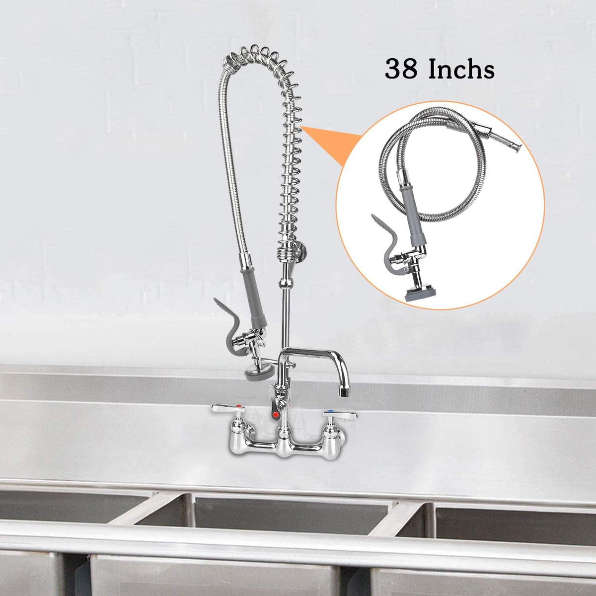 COOLWEST Commercial Pre-Rinse Hose with Sprayer 38 Inch Flexible Stainless Hose with Spray Valve Replacement Kit for Wall Mount Commercial Kitchen Sink Faucet(Grey)