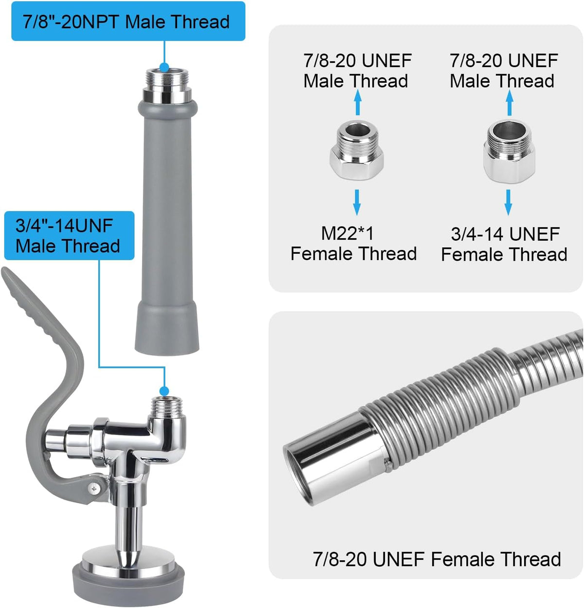 60” Pre Rinse Hose with Sprayer Valve, 1.42 GPM Commercial Sink Sprayer with Stainless-Steel Hose Replacement Kit for Commercial Restaurant Kitchen Faucet - Grey