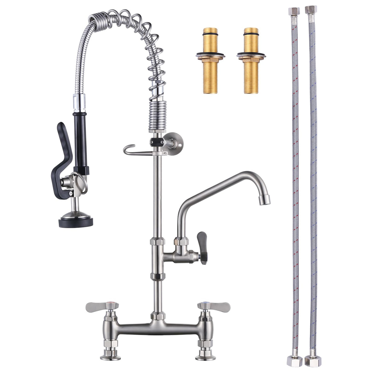 Commercial Kitchen Faucet Deck Mount with Pre-Rinse Sprayer 21" Height Kitchen Sink Faucet 8 Inch Center with 10" Add-on Swing Spout Faucet & Coiled Spring Pull Down Spray
