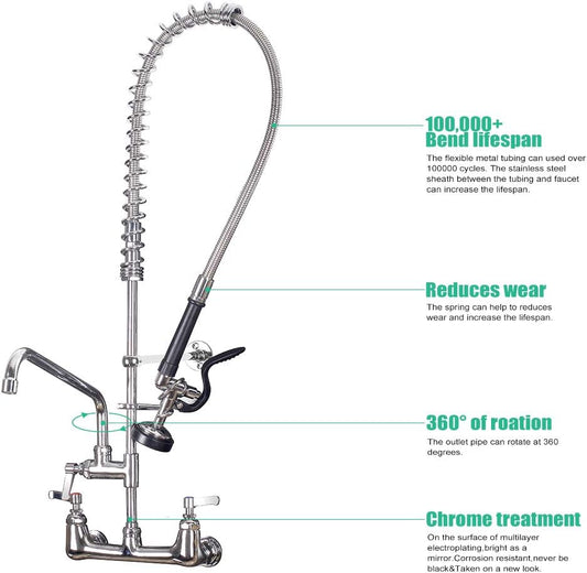 Commercial Sink Faucet with Sprayer 36 inch Commercial Faucet Pre Rinse Sprayer 8 inch Wall Mount Center with 12 inch Add on Spout
