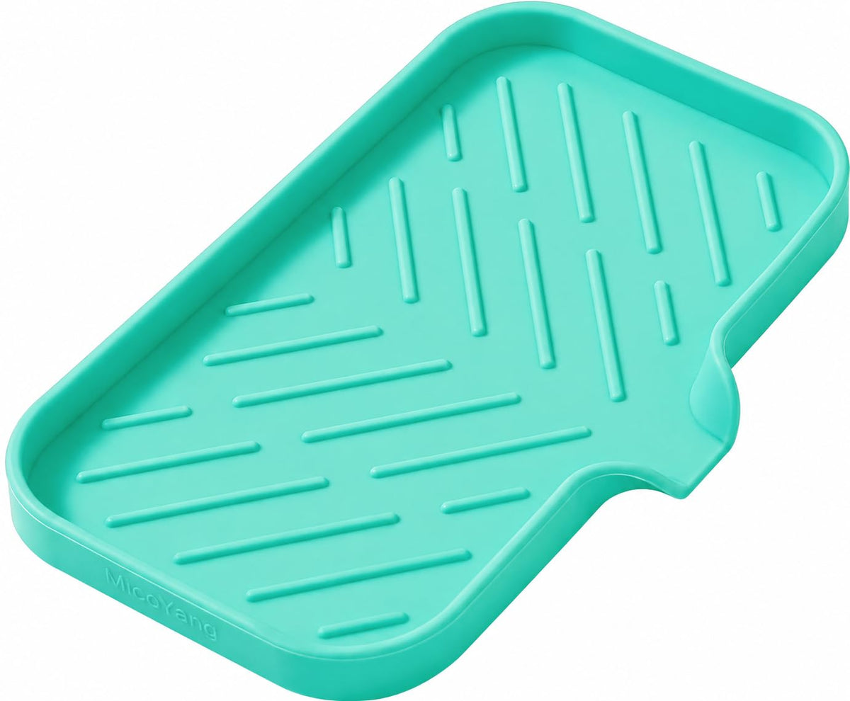 MicoYang Silicone Soap Dish with Drain Spout, Self-Draining Sink Organizer Tray for Bathroom and Kitchen, Sponges, Dispensers and Soap Holder, Non-Slip and Dishwasher Safe, Grey (Compact, 4.9"×3.2")