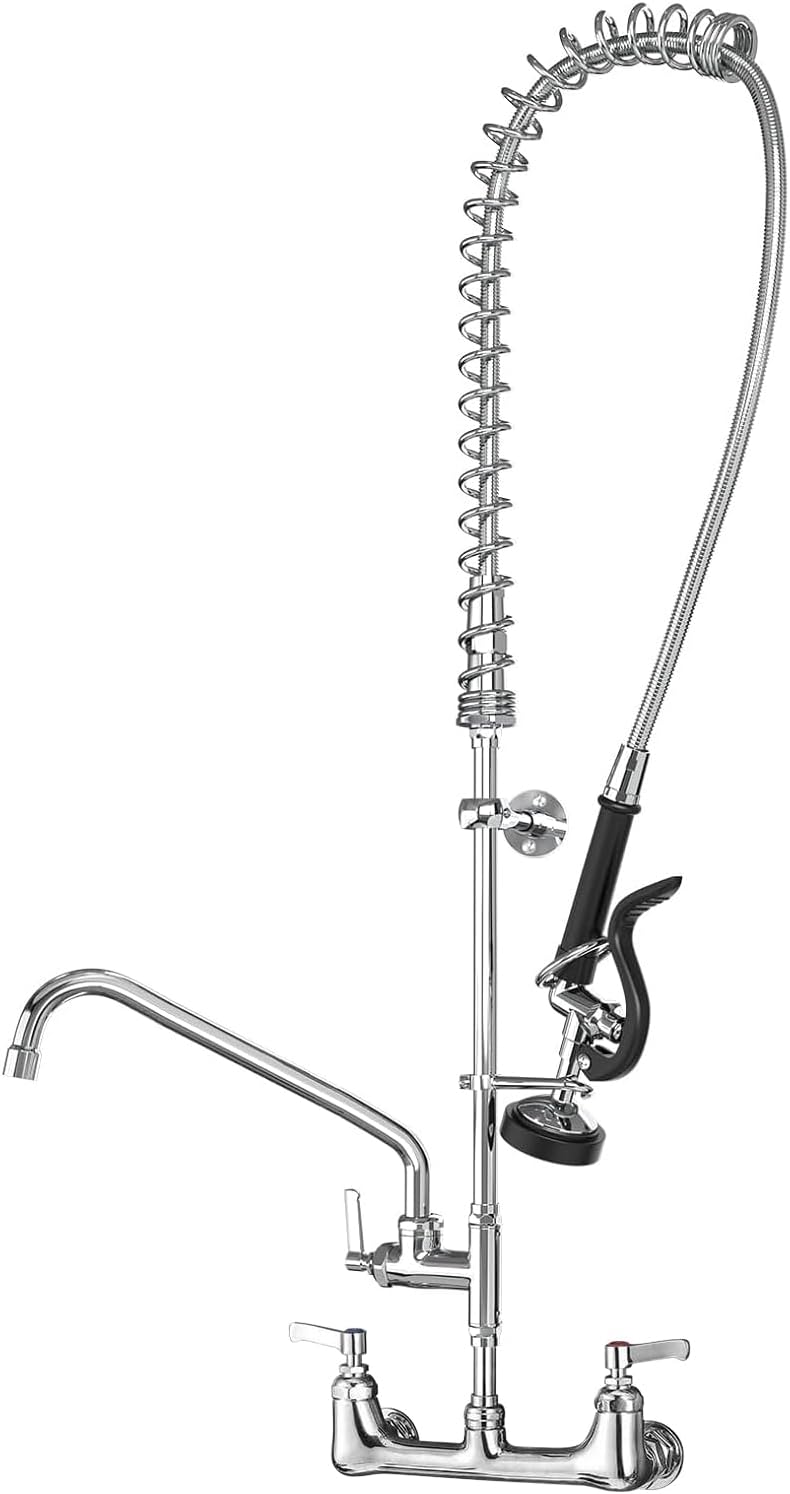 Commercial Sink Faucet with Sprayer for Kitchen: MSTJRY 47" Height Wall Mount Commercial Faucet with Sprayer Fit for 3 Compartment Sink - Polished Chrome 8" Center 12" Swing Spout Pre Rinse Assembly