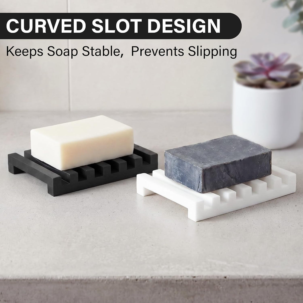 Slotted Silicone Soap Dish 2 Pcs, Self Draining Soap Holder with Raised Bar Design, Non Slip Soap Saver Tray, Quick Dry Soap Dish for Bathroom Kitchen Sink Shower, Black & White
