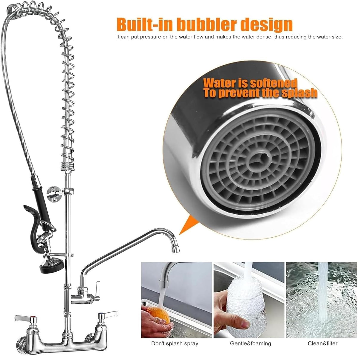 Commercial Sink Faucet with Sprayer for Kitchen: MSTJRY 47" Height Wall Mount Commercial Faucet with Sprayer Fit for 3 Compartment Sink - Polished Chrome 8" Center 12" Swing Spout Pre Rinse Assembly