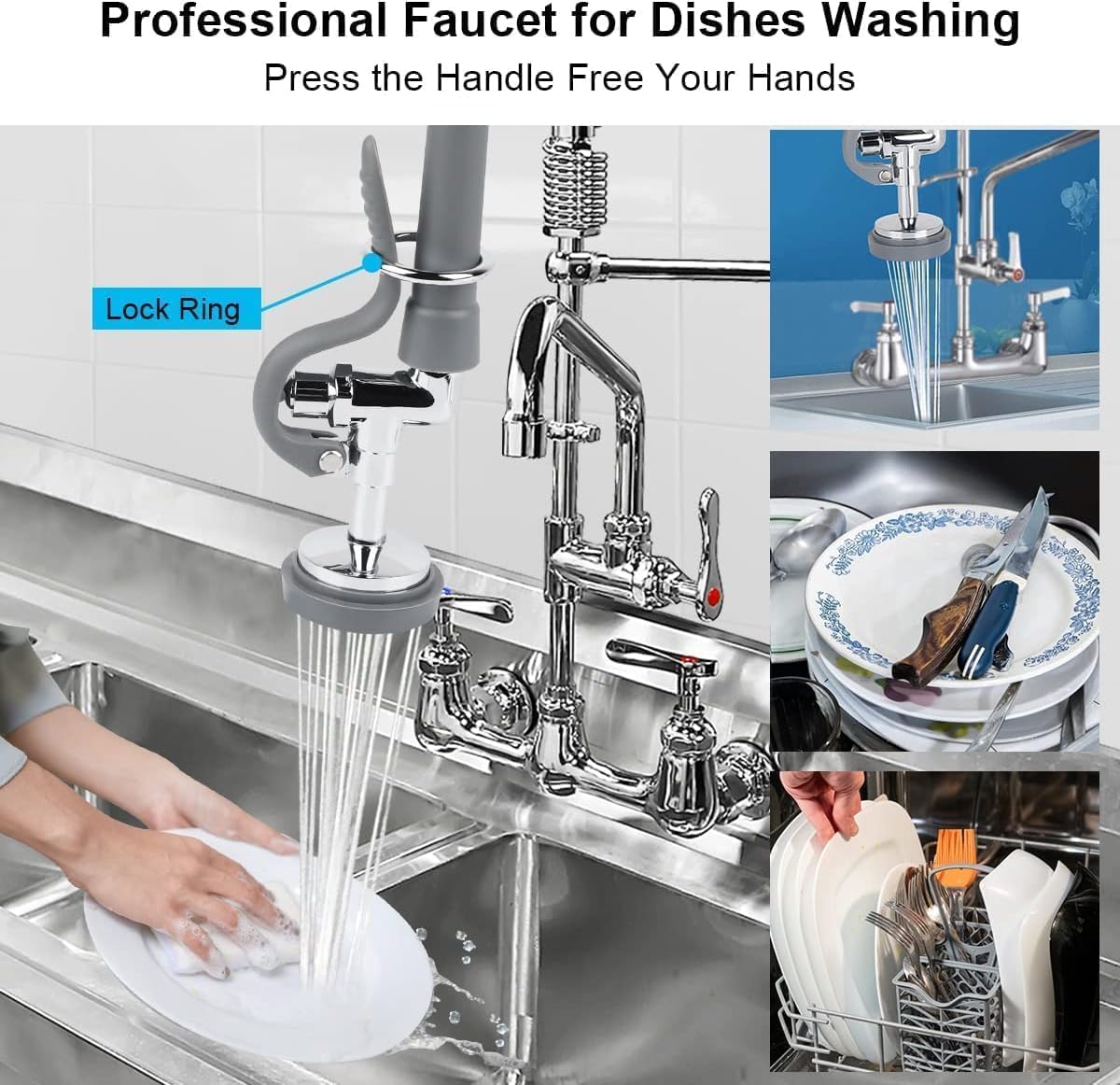 Pre Rinse Spray Valve with 60'' Stainless Hose Commercial Sink Faucet with Sprayer Nozzle Head with Flexible Hose Replacement Kit for Dishwasher Restaurant Wall Mount Kitchen Industrial- Gray