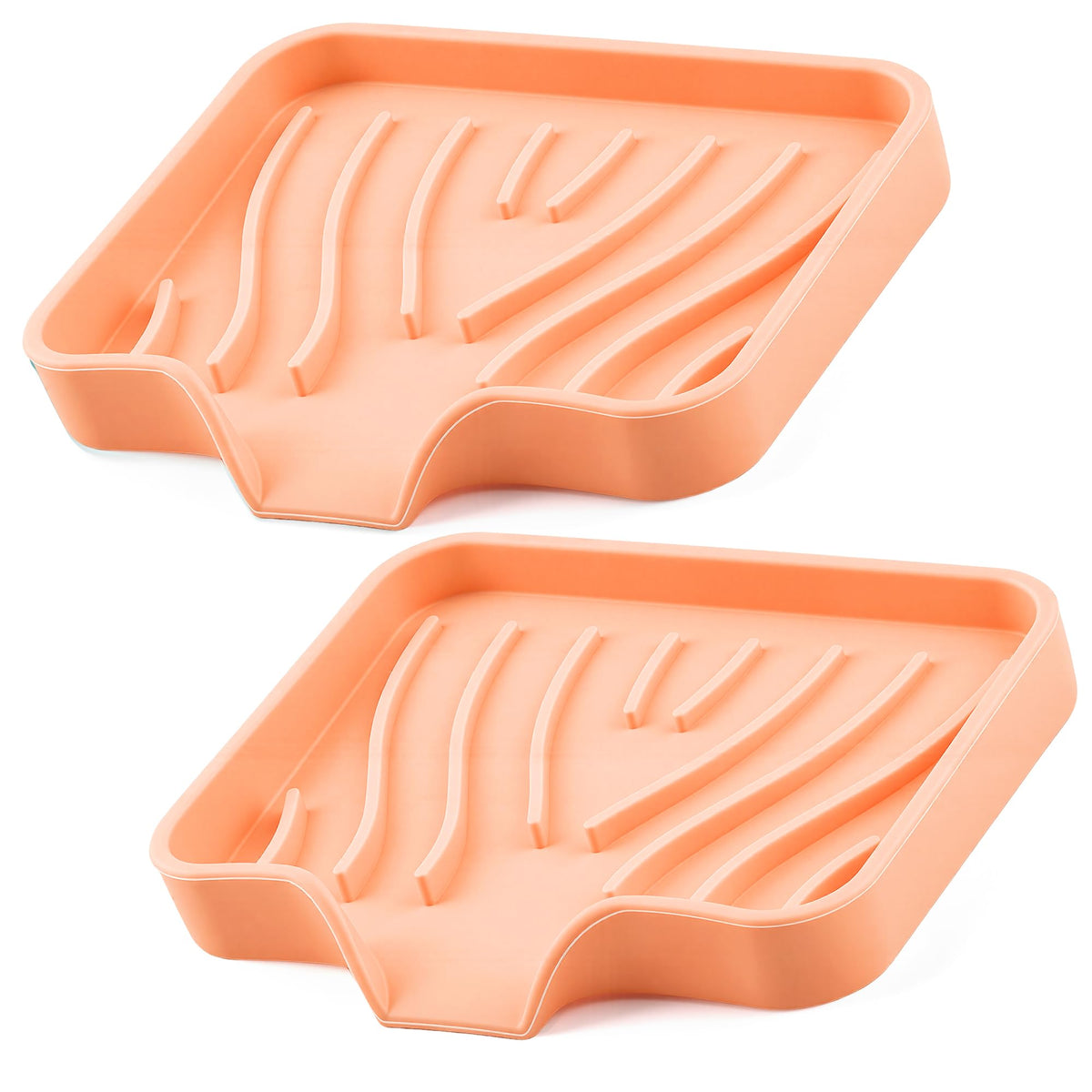 Silicone Soap Dish with Drain Spouts, Bar Soap Holder, Self-Draining Sink Organizer Kitchen Sponge Tray, Non-Slip Dispensers for Bathroom, Kitchen (Grey, 2 Short)