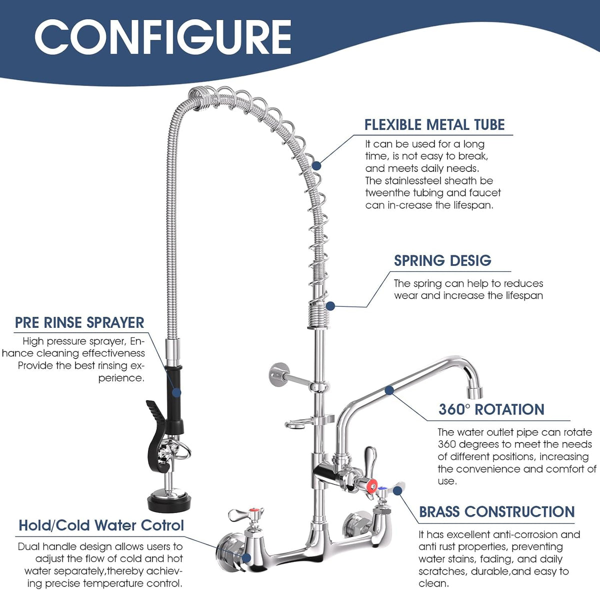 Commercial Wall Mount Kitchen Faucet with Pull Down Pre-Rinse Sprayer, Adjustable Swing Spout, Heavy-Duty Utility Sink Tap for Restaurant, Bar, 3 Compartment Sinks