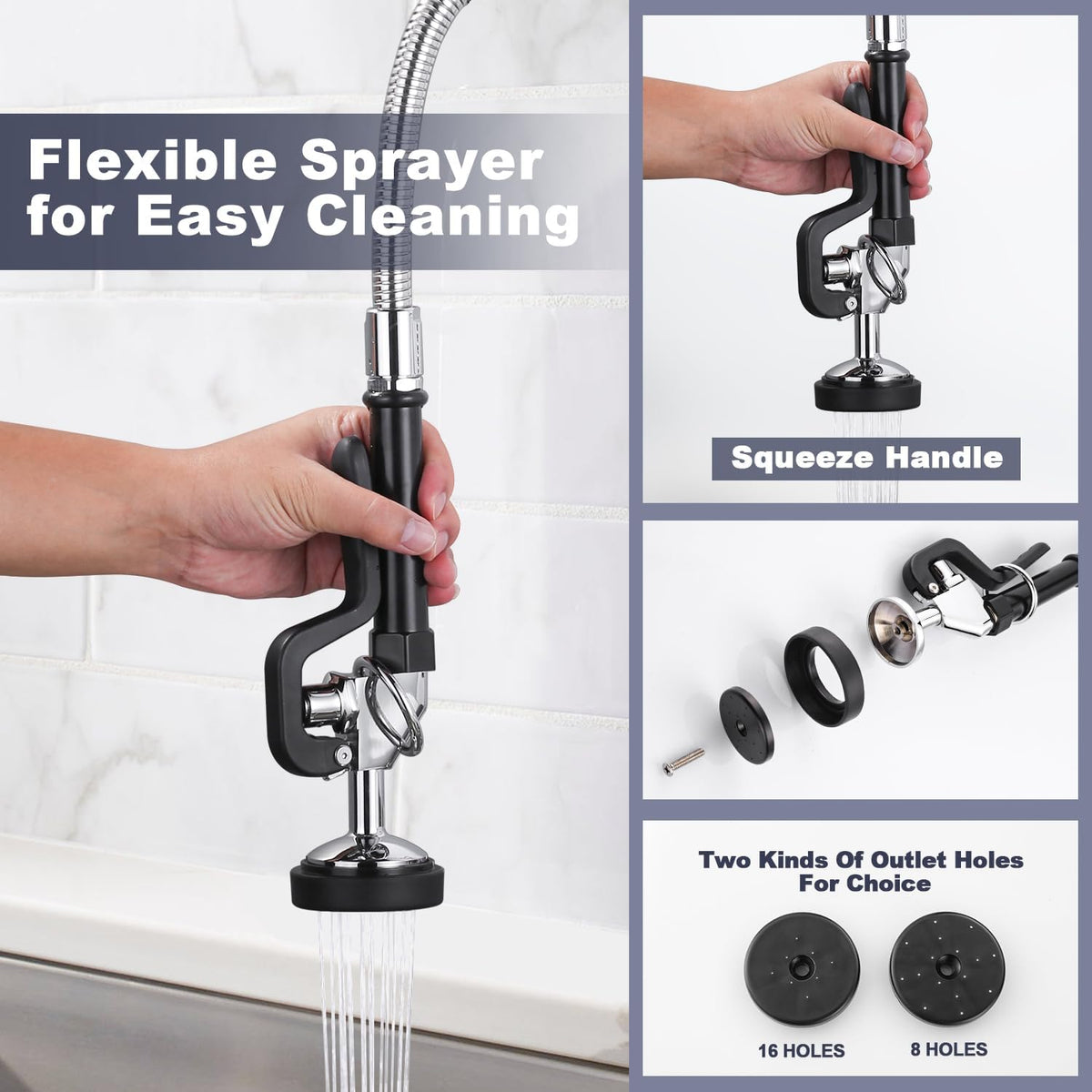 Commercial Kitchen Faucet Deck Mount with Pre-Rinse Sprayer 21" Height Kitchen Sink Faucet 8 Inch Center with 10" Add-on Swing Spout Faucet & Coiled Spring Pull Down Spray