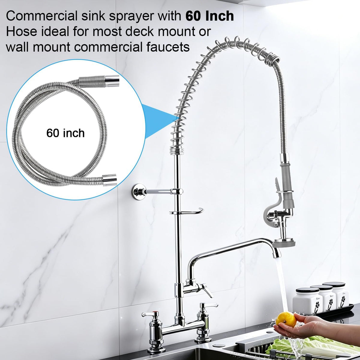 60” Pre Rinse Hose with Sprayer Valve, 1.42 GPM Commercial Sink Sprayer with Stainless-Steel Hose Replacement Kit for Commercial Restaurant Kitchen Faucet - Grey