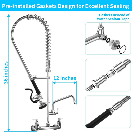Commercial Faucet with Sprayer, 36" Height 8 Inch Center Brass Constructed Wall Mount Kitchen Sink Faucet with Pull Down Pre-Rinse Sprayer and 12" Swing Spout Fit for 2/3 Compartment Sink